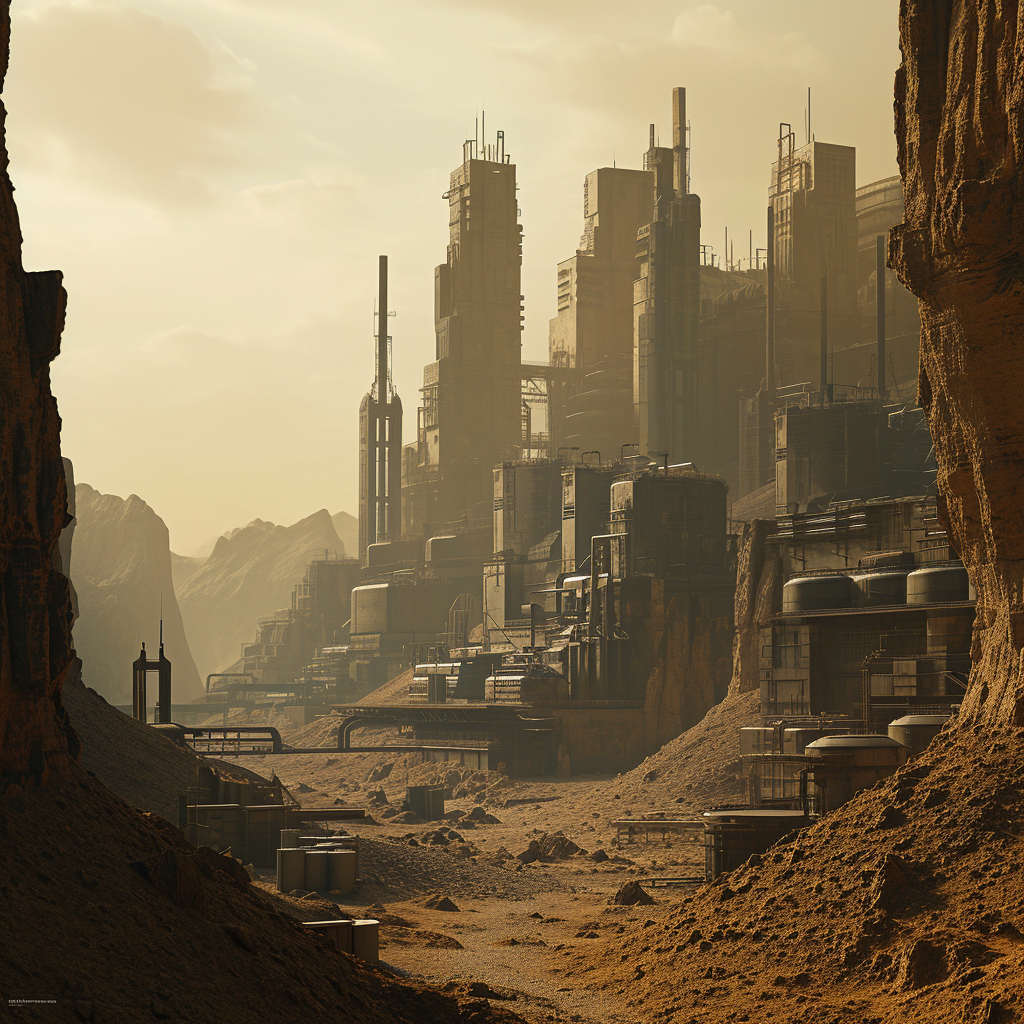 Mars Canyon industrial city in late afternoon light