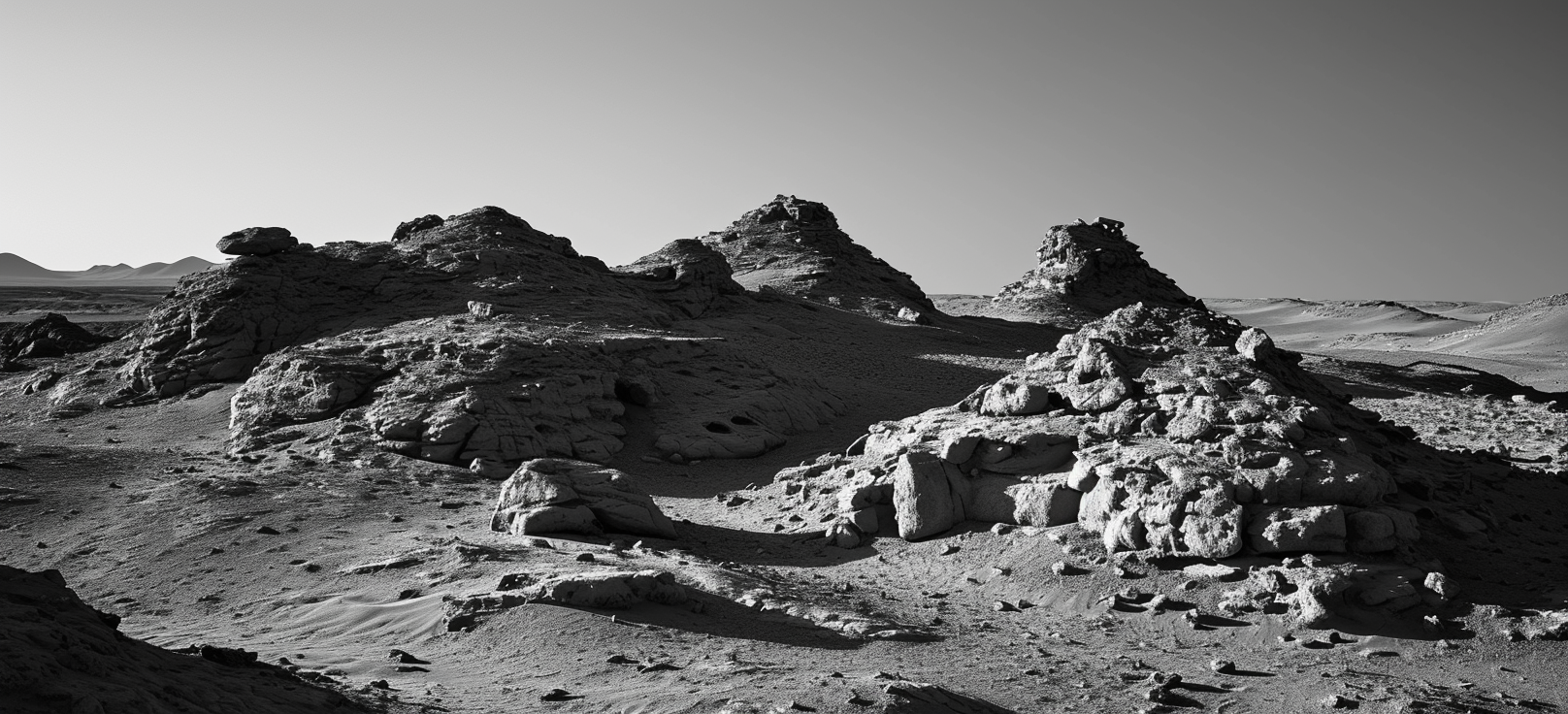 Black and white image of small stone structures on Mars