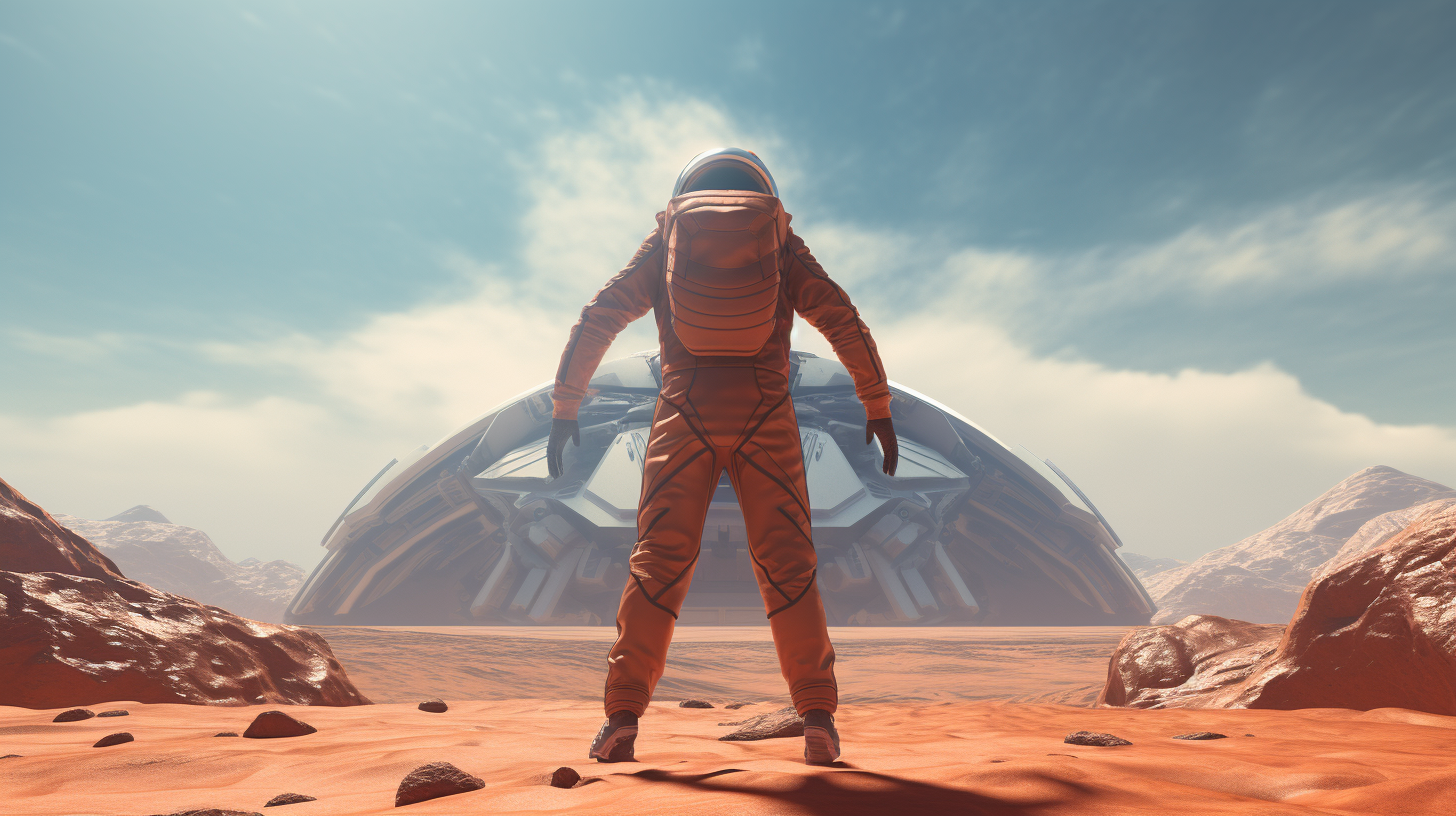 Astronaut practicing low-gravity yoga on Mars