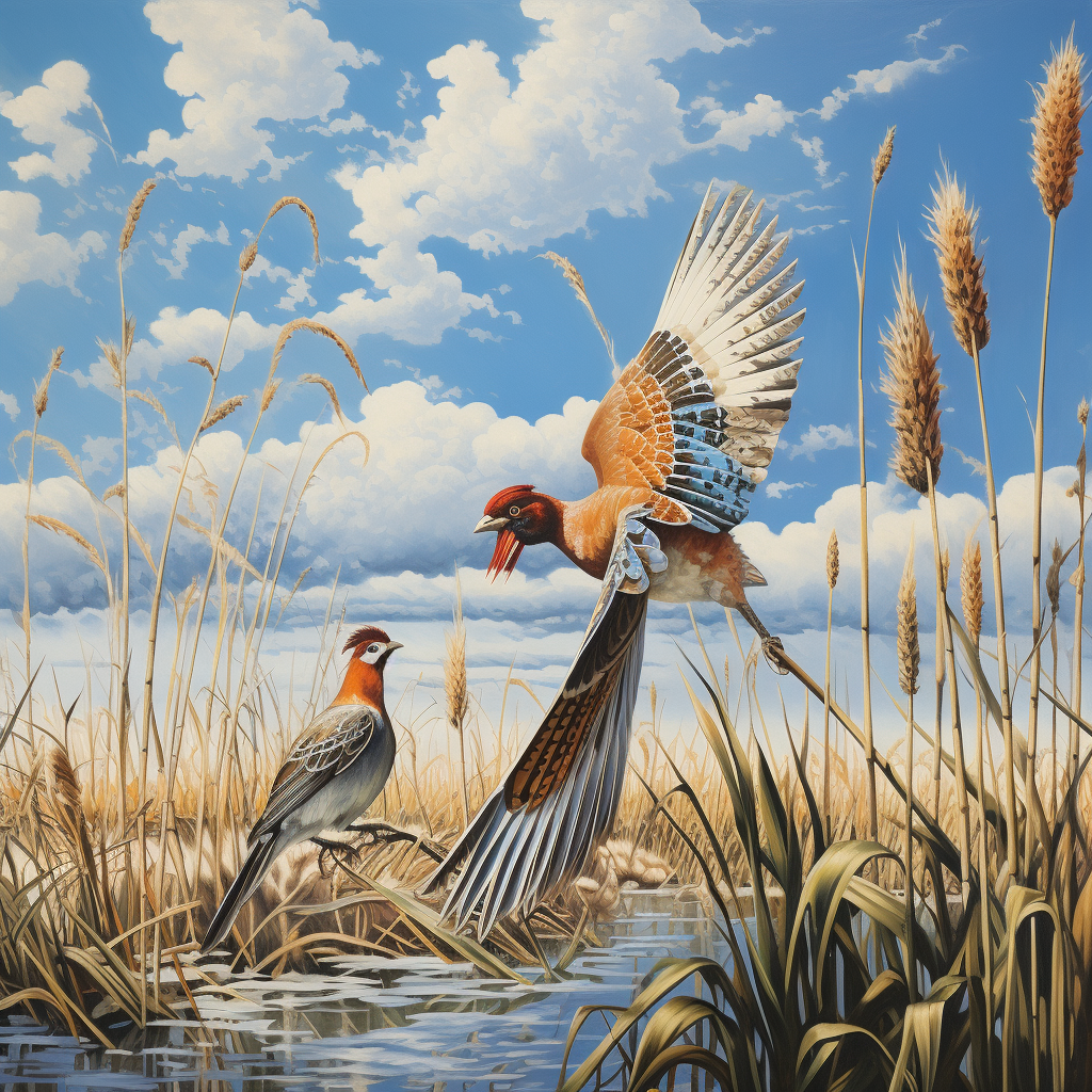 Male Pheasant flying over cattail marsh