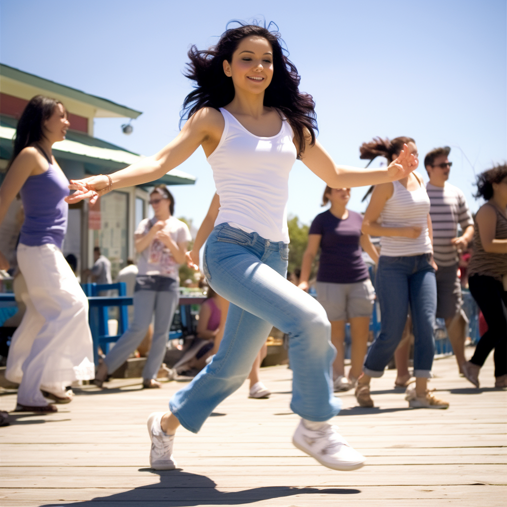 Martha Higareda happily dancing on a sunny California boardwalk