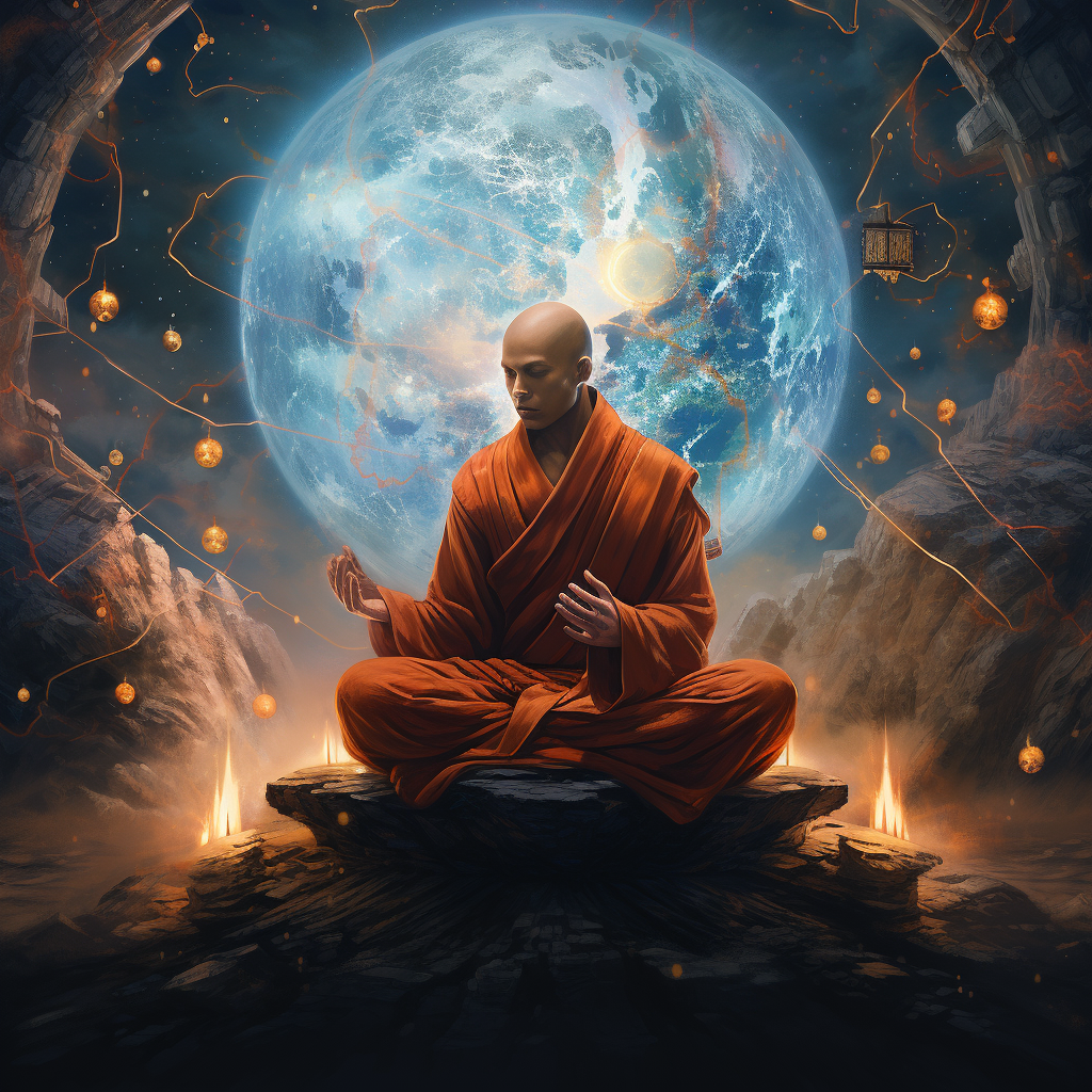 Martial Arts Monk Meditating Cosmic Energy Universe