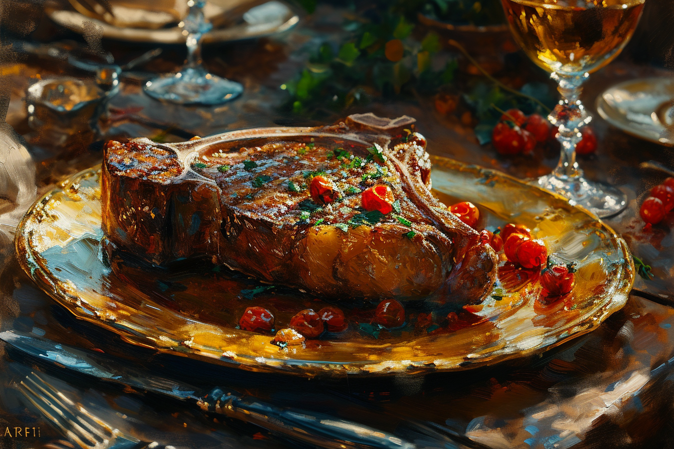 Colorful T-Bone Steak on Golden Plate