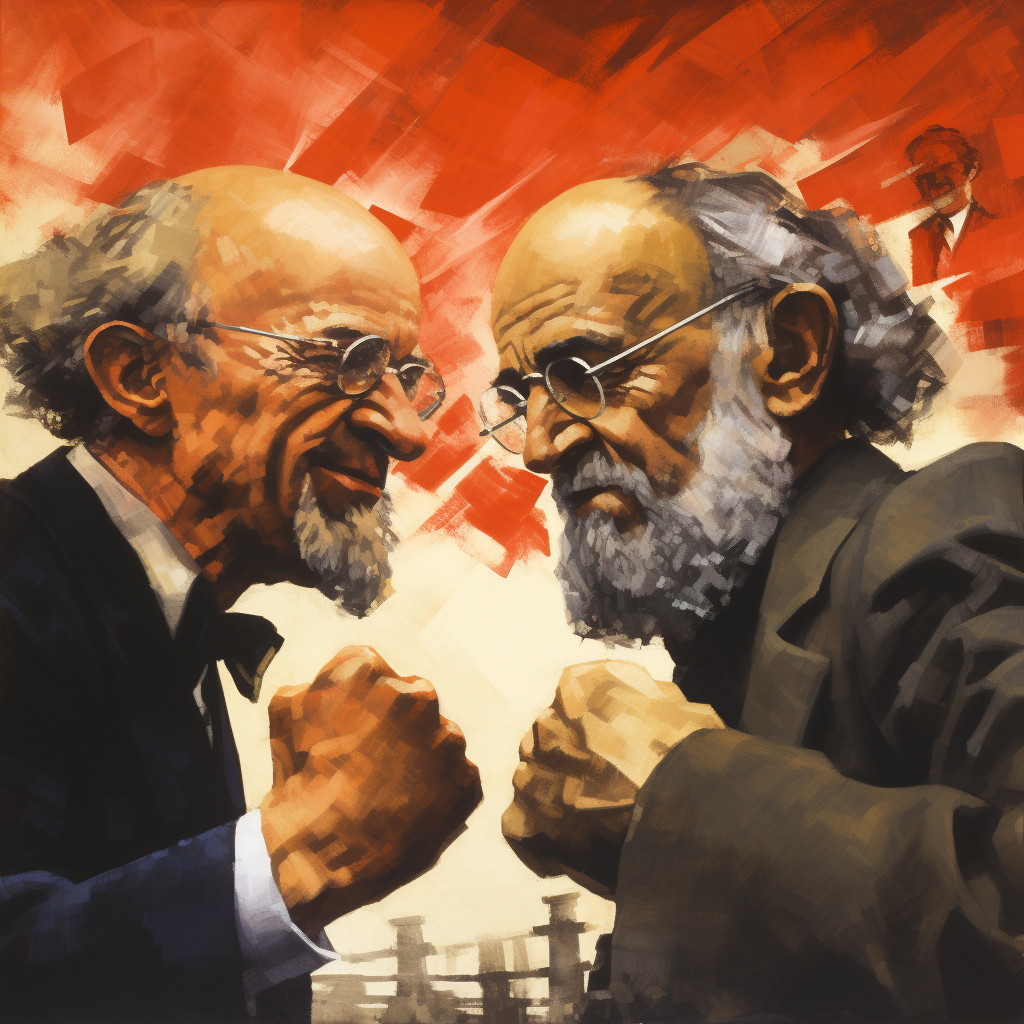 Karl Marx and Milton Friedman fist fighting