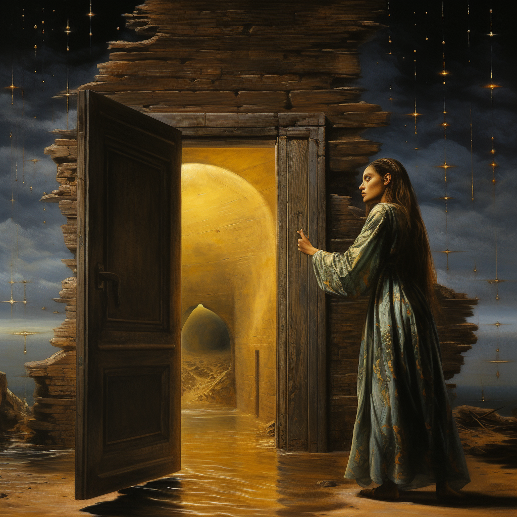 Surreal portrait of Mary Magdalene eavesdropping at a door