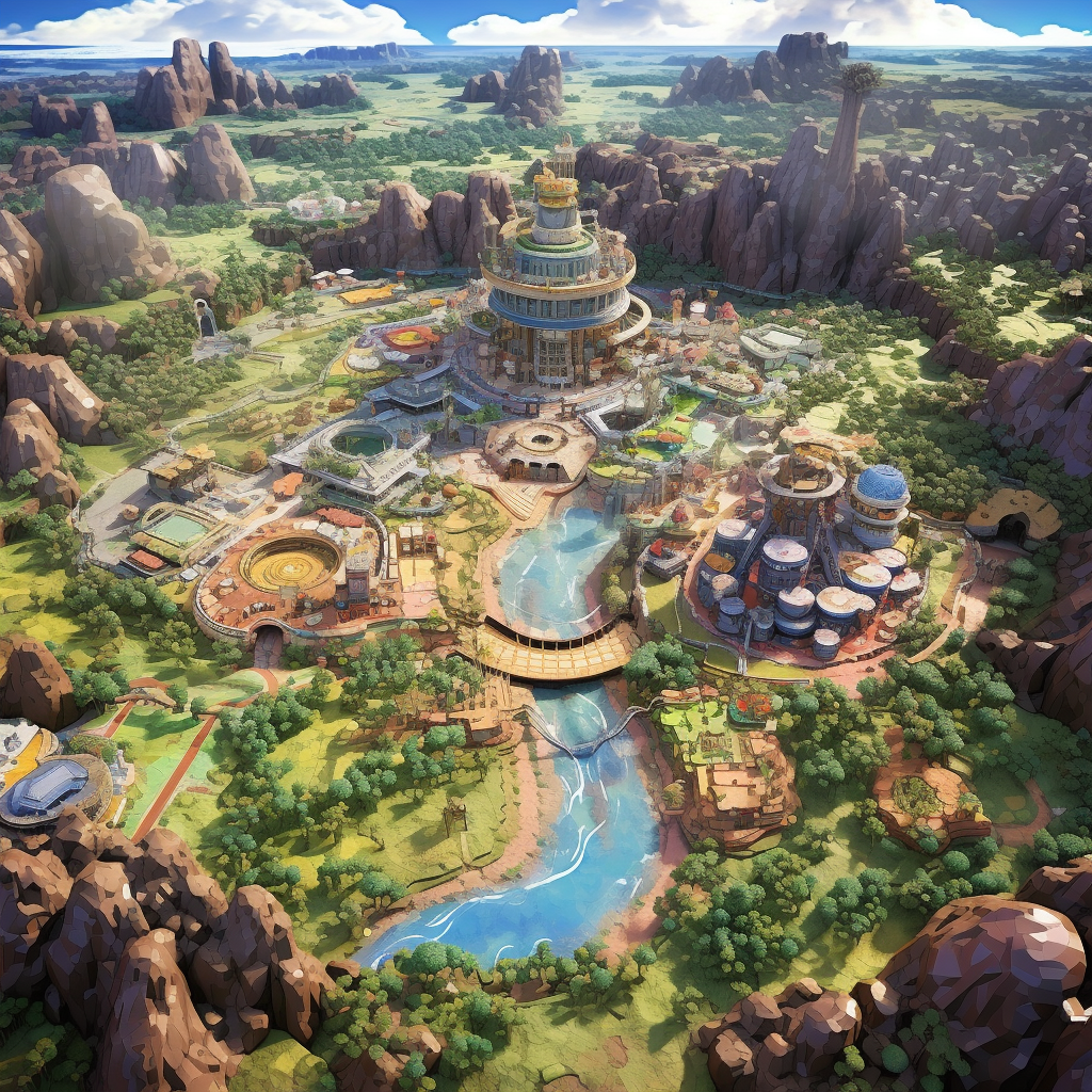 Aerial view of fantasy world with Pokémon