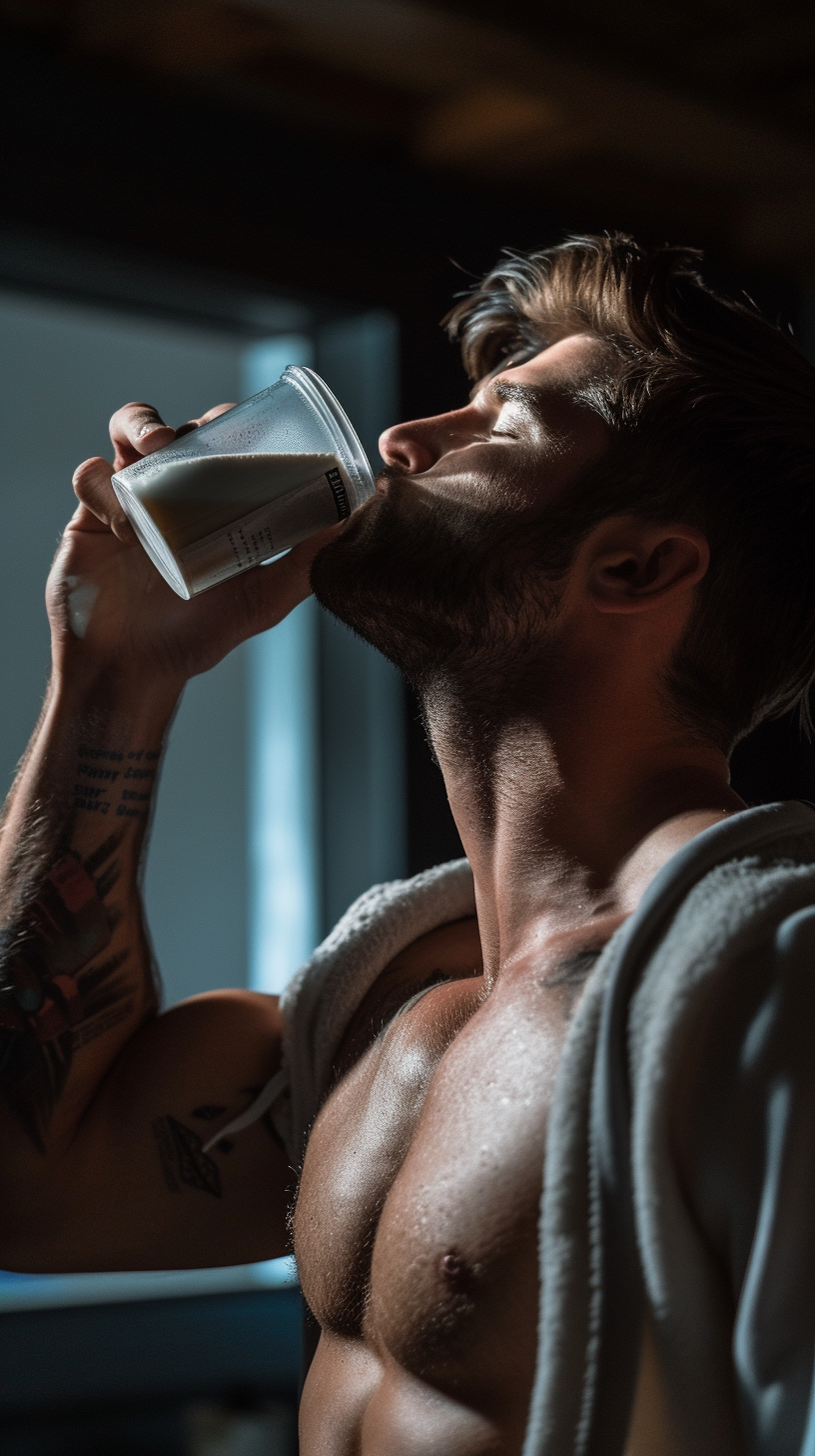 Masculine man drinking powdered coffee testosterone booster