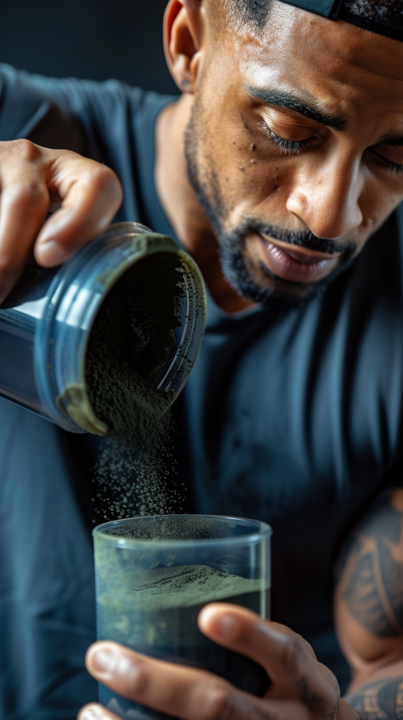 masculine man pouring dark green fitness supplement