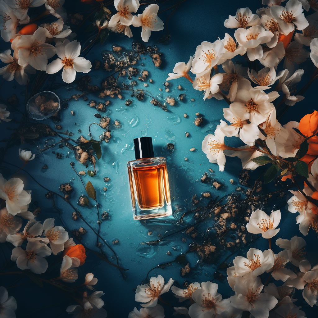 Masculine Perfume on Blue Background with Orange Blossom