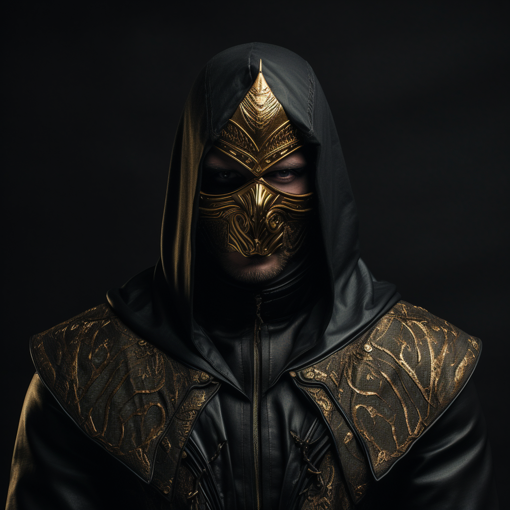 Masked man with golden petern lines on dark background