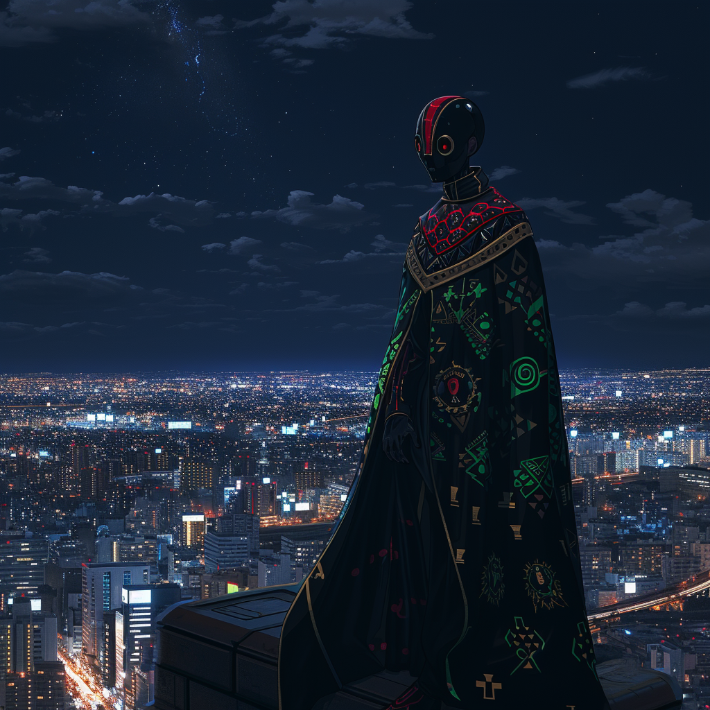 Masked man on rooftop in city at night