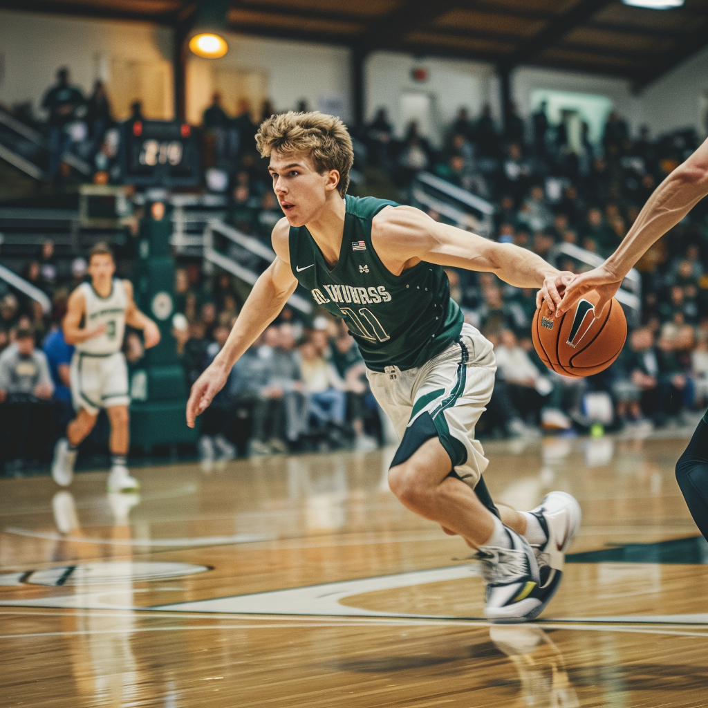 Mason Helenius basketball game action