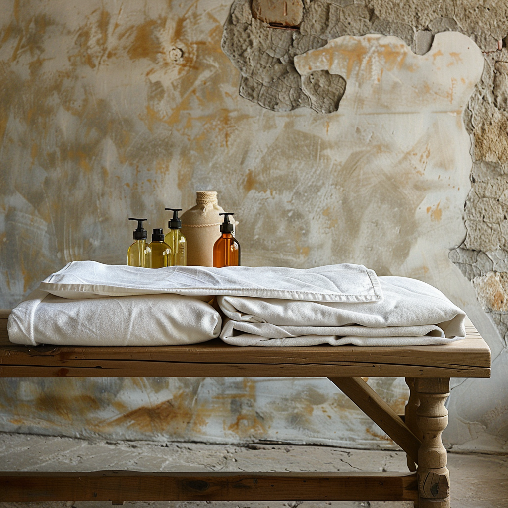 Massage table with sheets, oil bottles