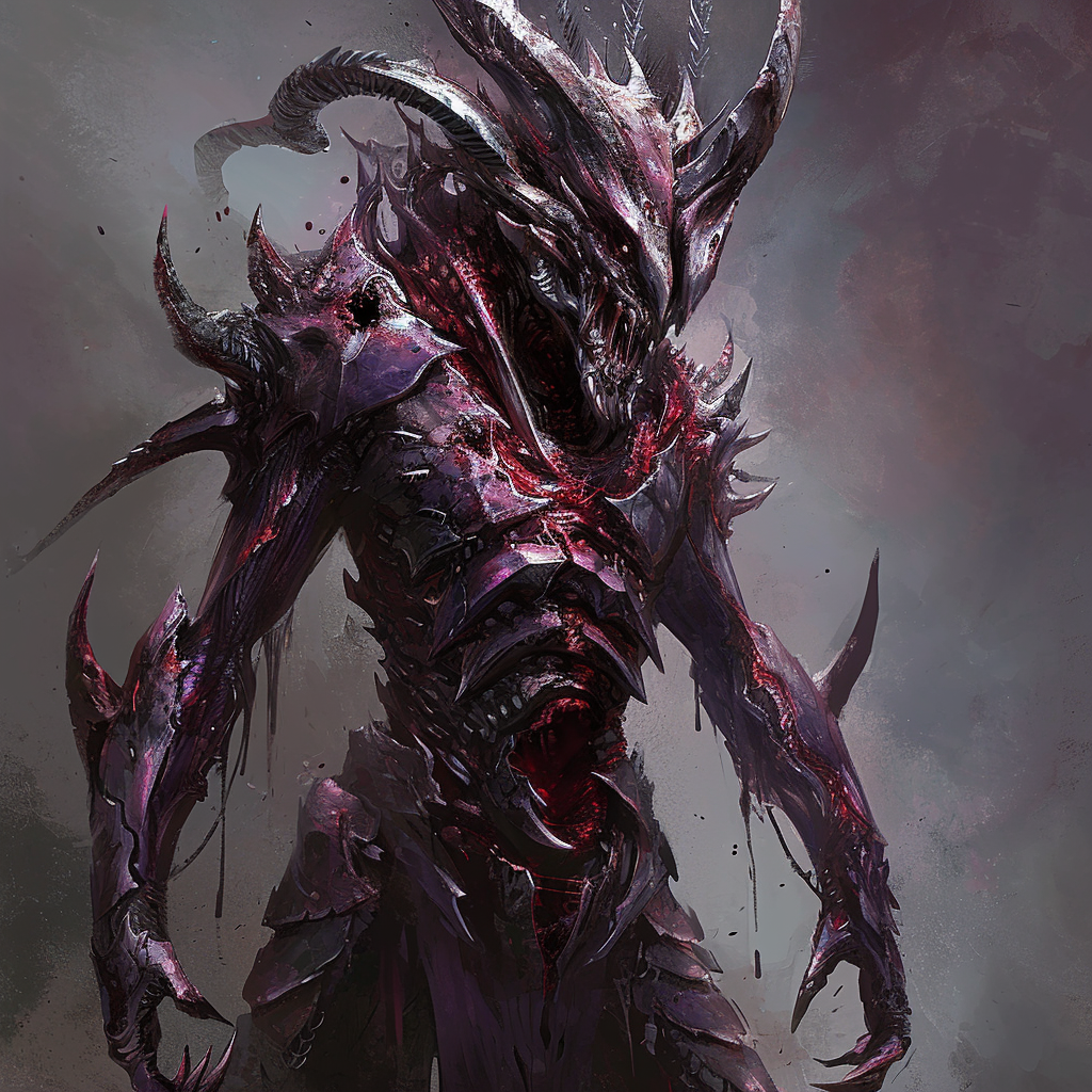 Massive humanoid creature with dark plated skin and silver horns