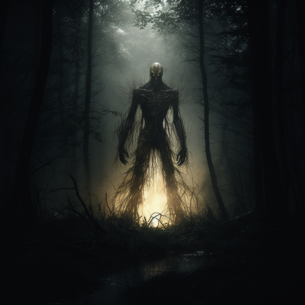 Giant creature illuminating forest at night