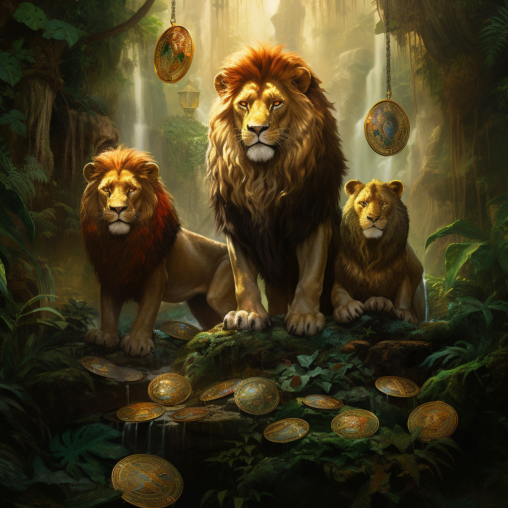 Three majestic lions amidst golden coins