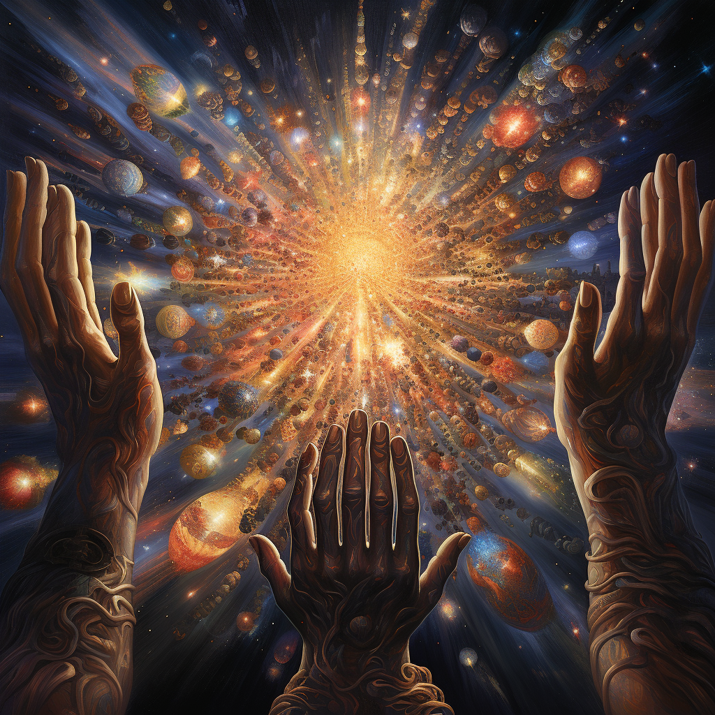 Radiant hands cradling vast universe