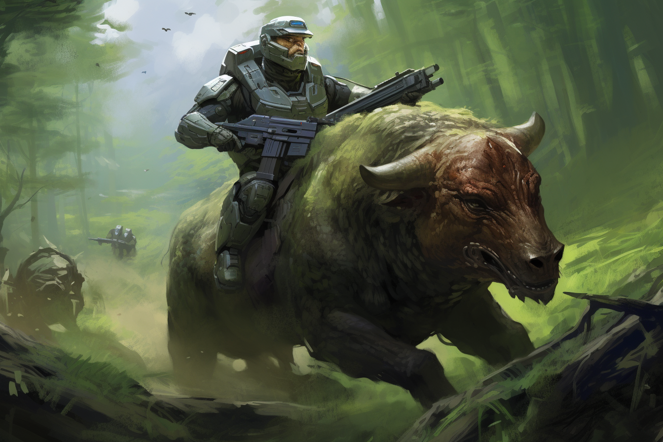 Master Chief rides buffalo, guns down covenant operatives