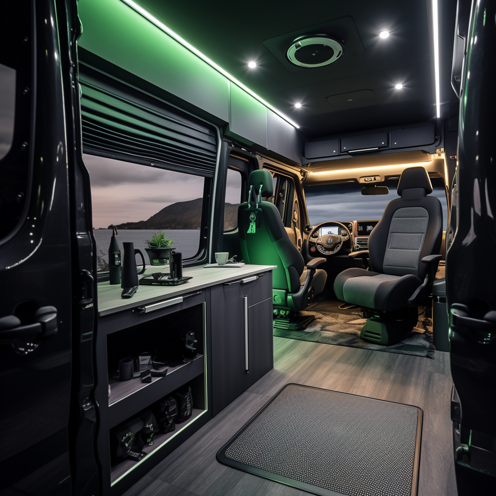 Close-up of Mat Green Mercedes Sprinter Camper Van