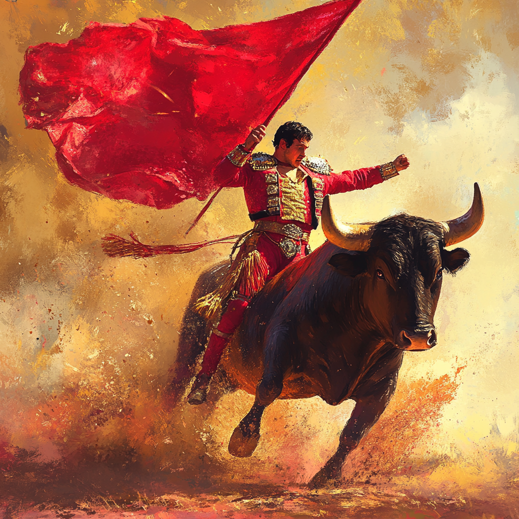 Matador waving red flag courageously