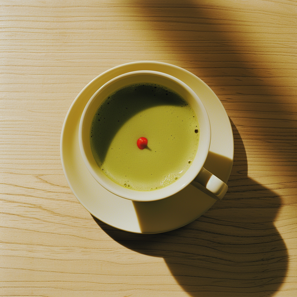 Matcha cup on wooden table with lipstick smudge