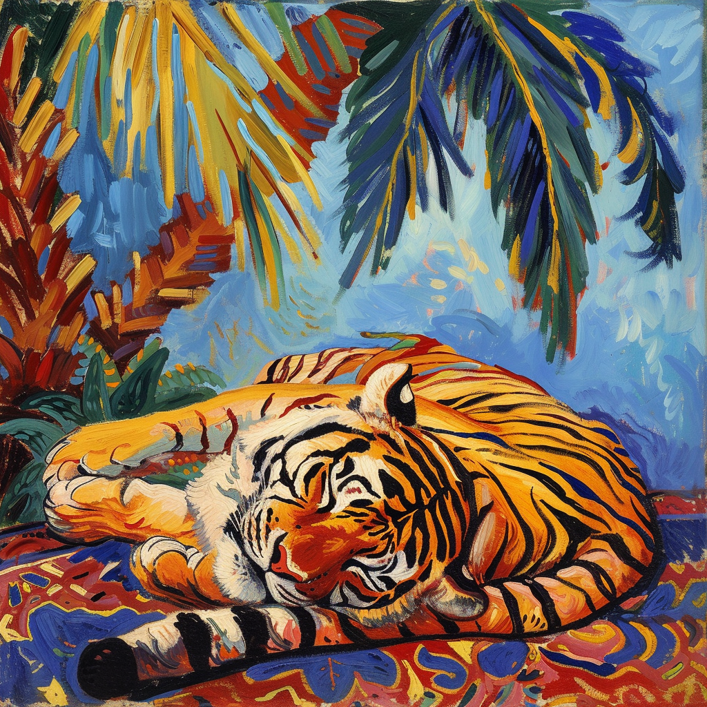 Fauvism painting with sleeping tiger on rug under palm tree