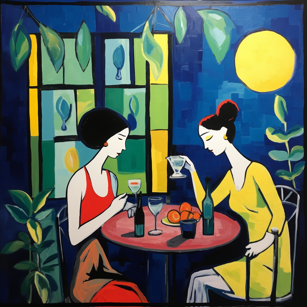 Two women enjoying wine at a moonlit café