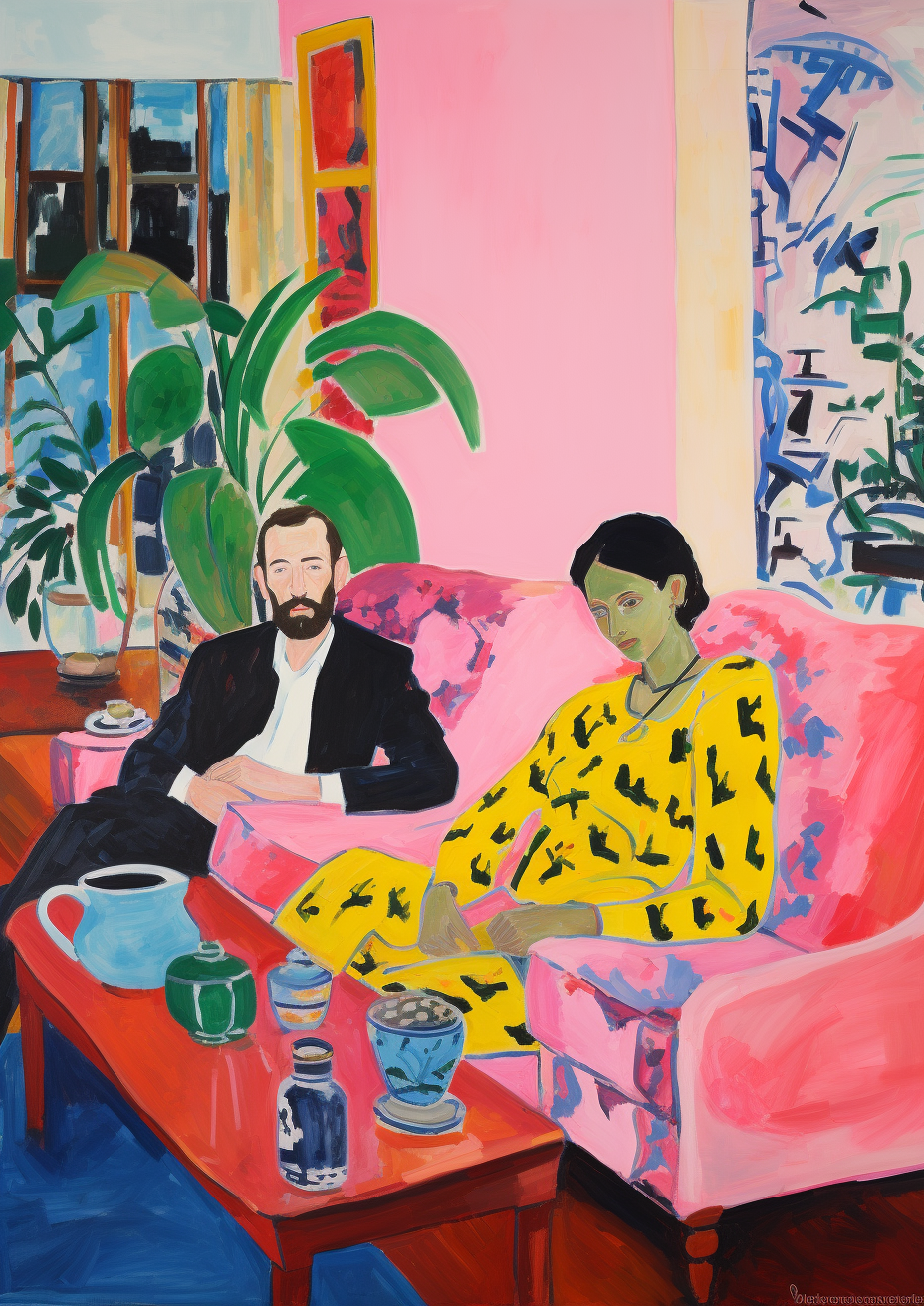 Two people on a couch in Matisse style