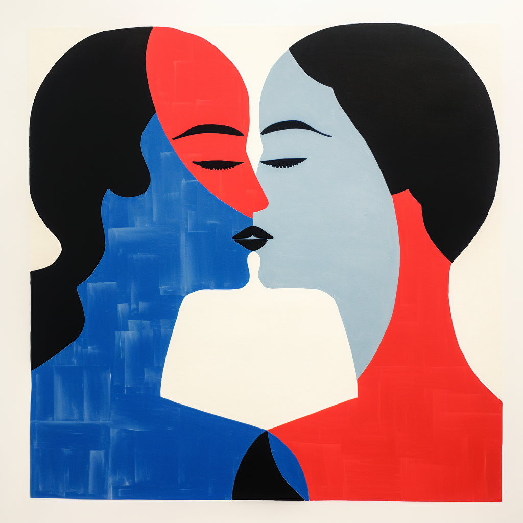 Minimalist painting of two women kissing