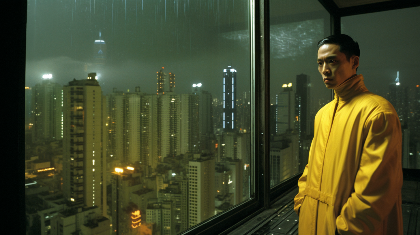 Tony Leung in yellow suit looking out at cityscape