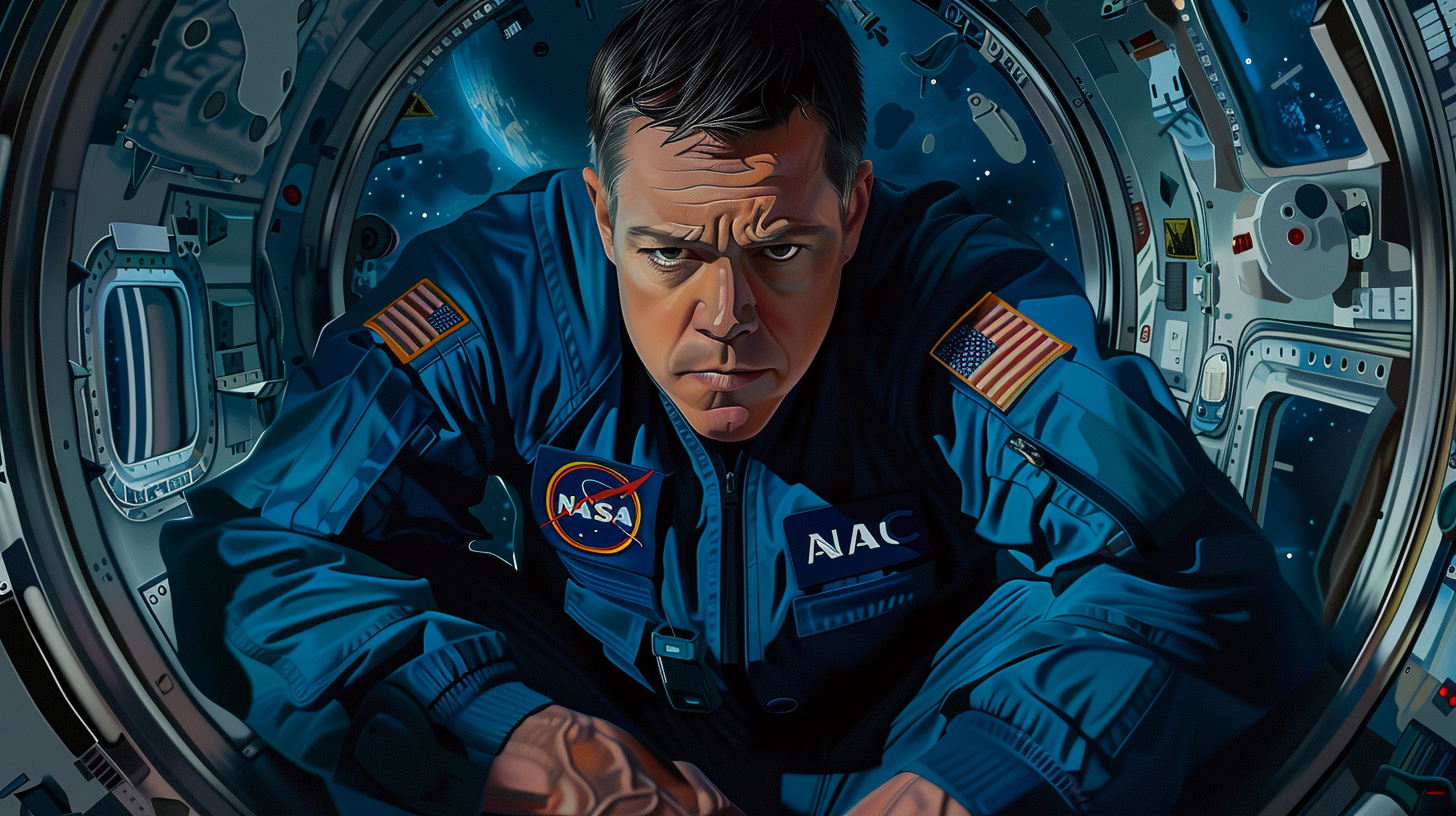 Matt Damon in blue jumpsuit