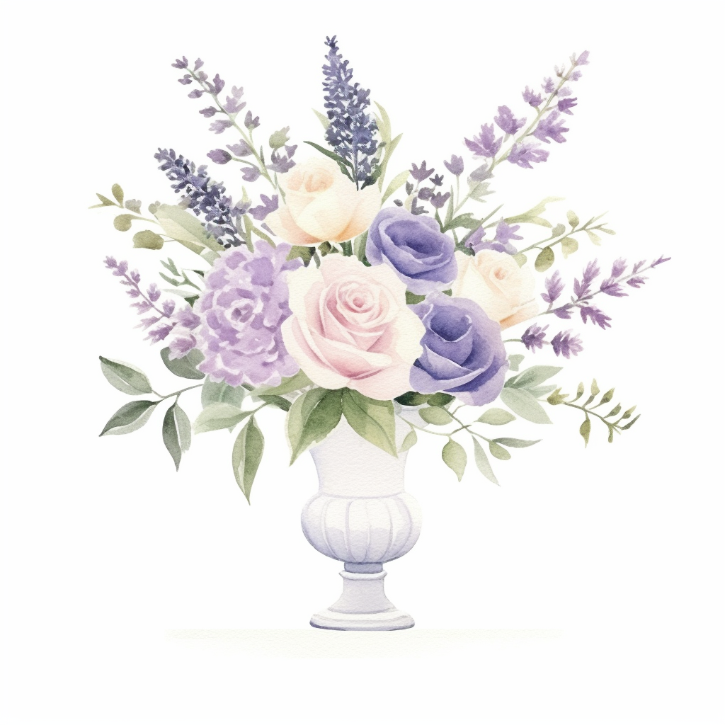 Watercolor floral arrangement lavender roses in pedestal vase