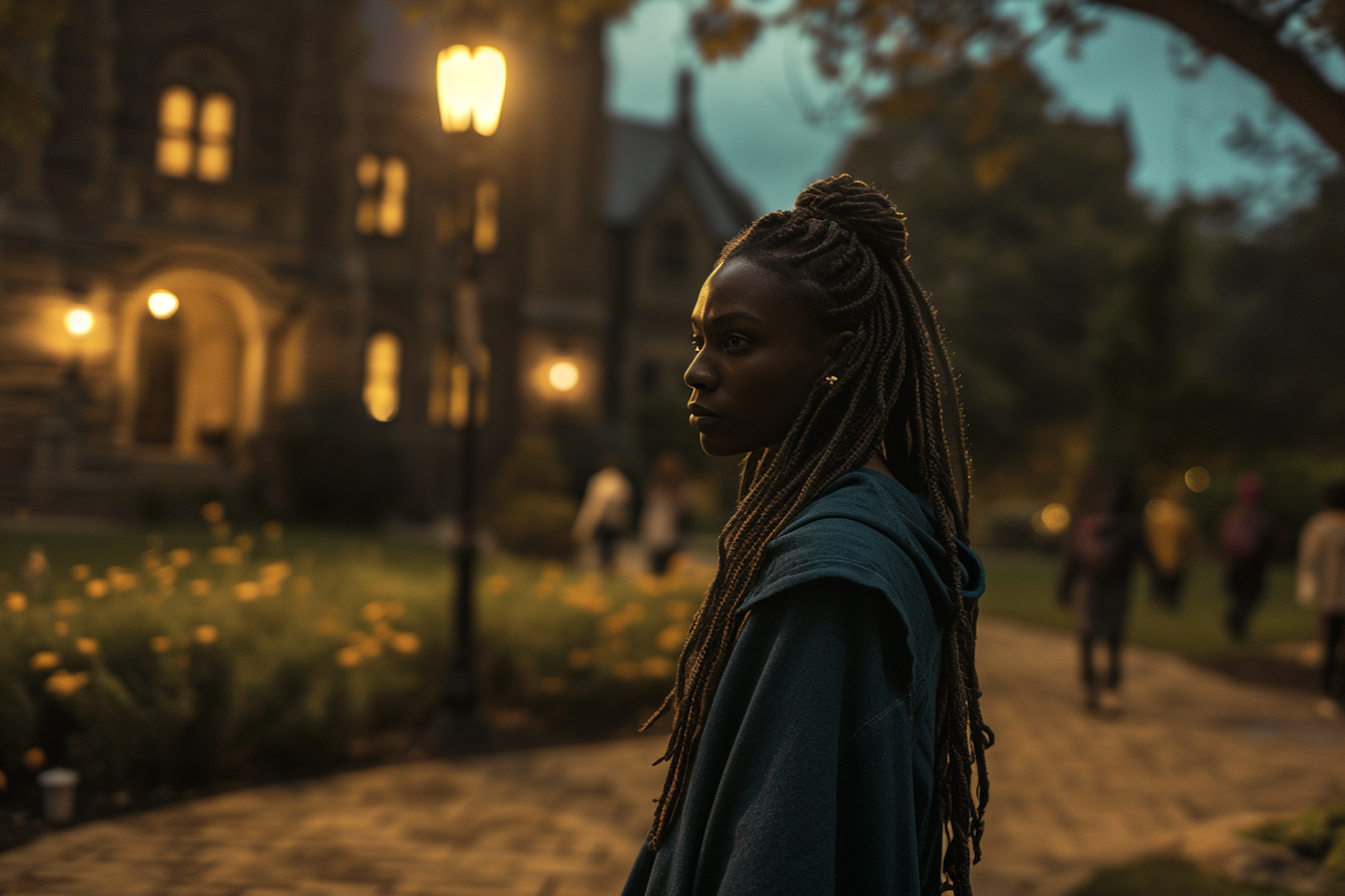 Image of a mature African American matron in a garden at night