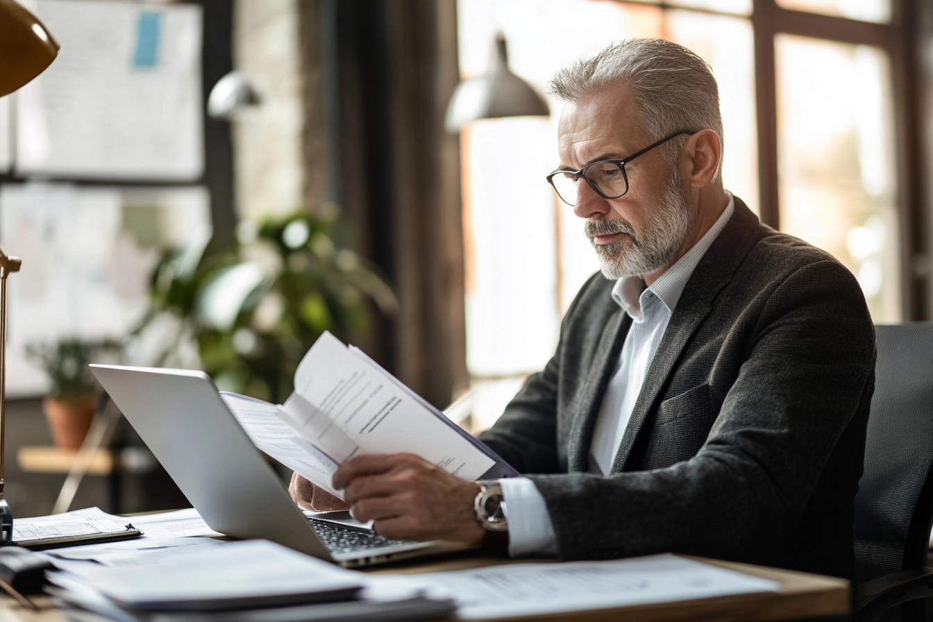 Mature businessman working on laptop