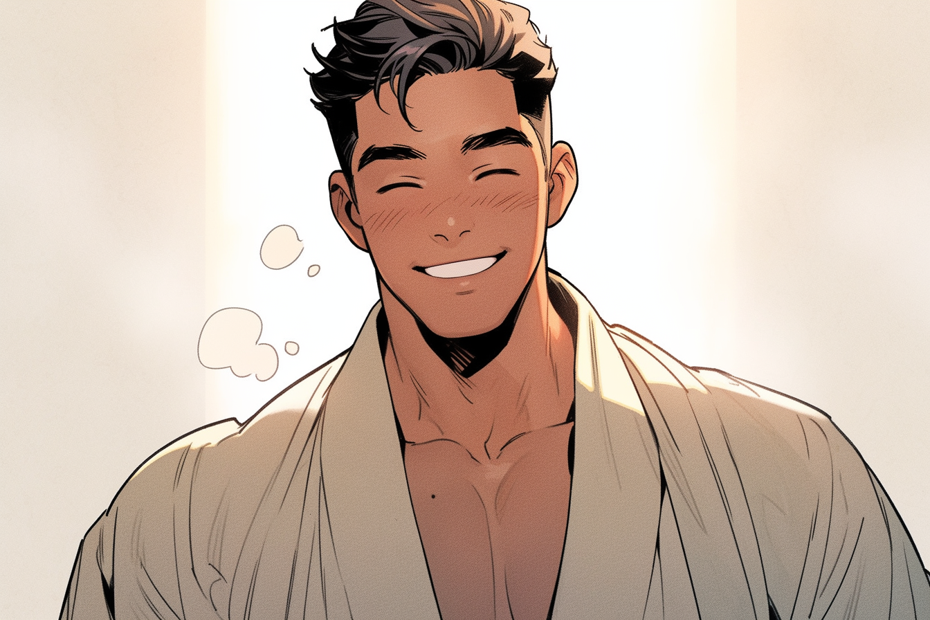 Mature man in bathrobe smiling