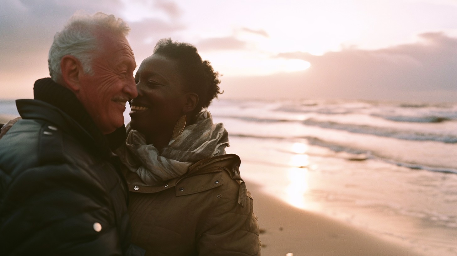 Smiling Mature Senior Black Woman White Man Couple on Beach