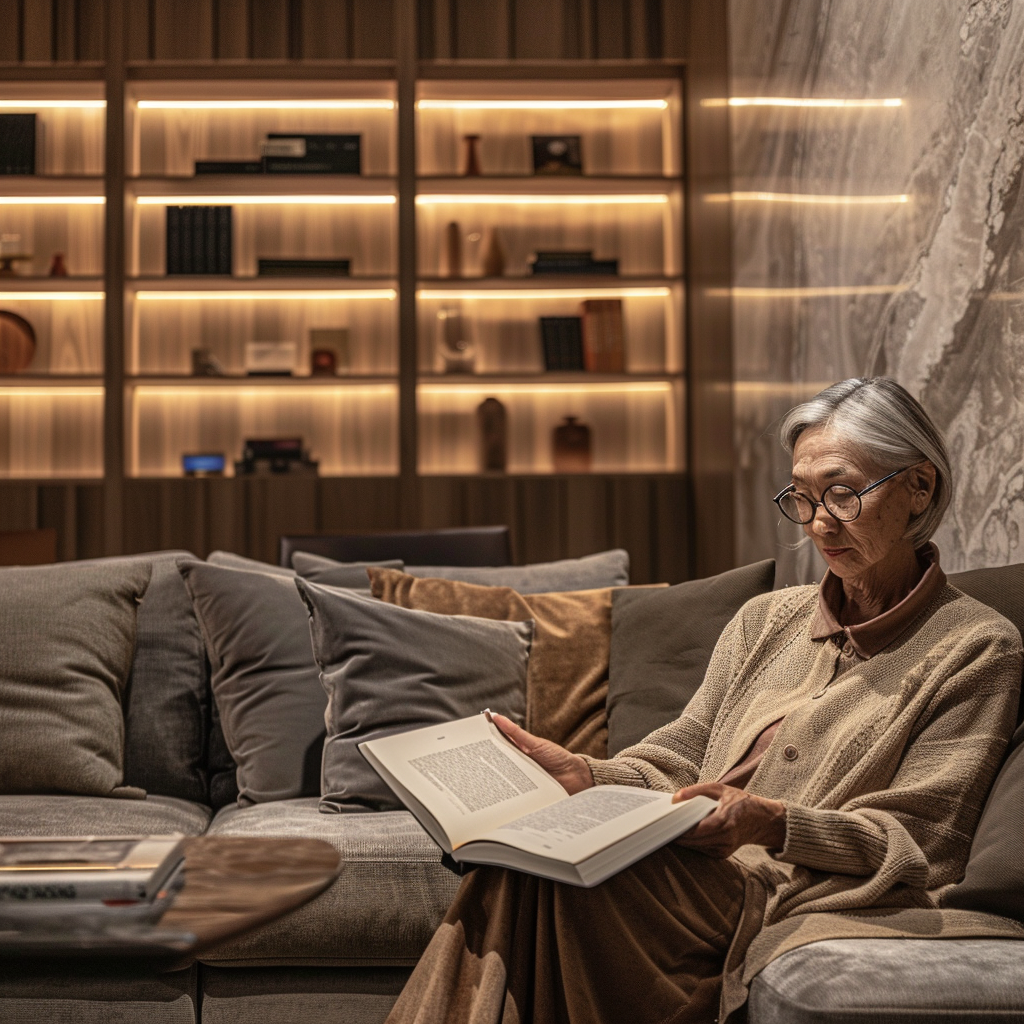 woman reading book in living room