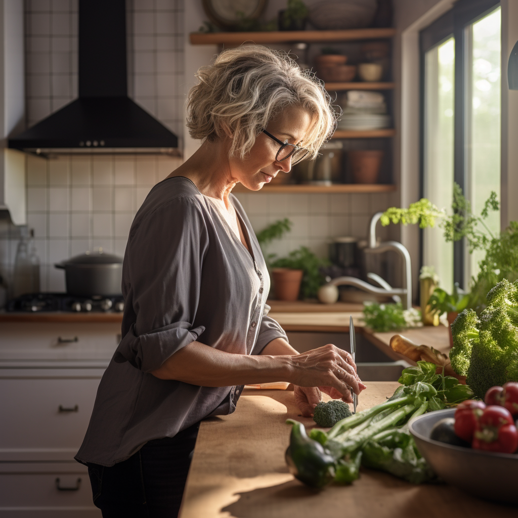 Mature woman chopping vegetables in kitchen