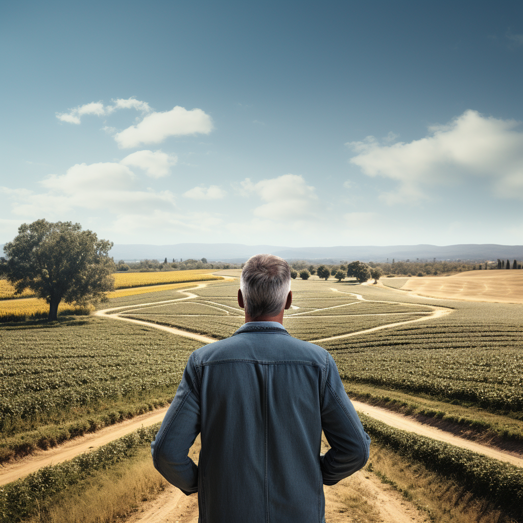 Mature man contemplating landscape between two roads