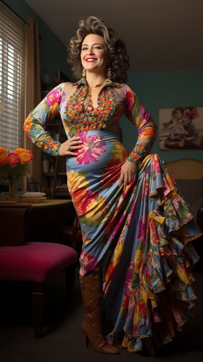 Mature woman in colorful frock posing playfully