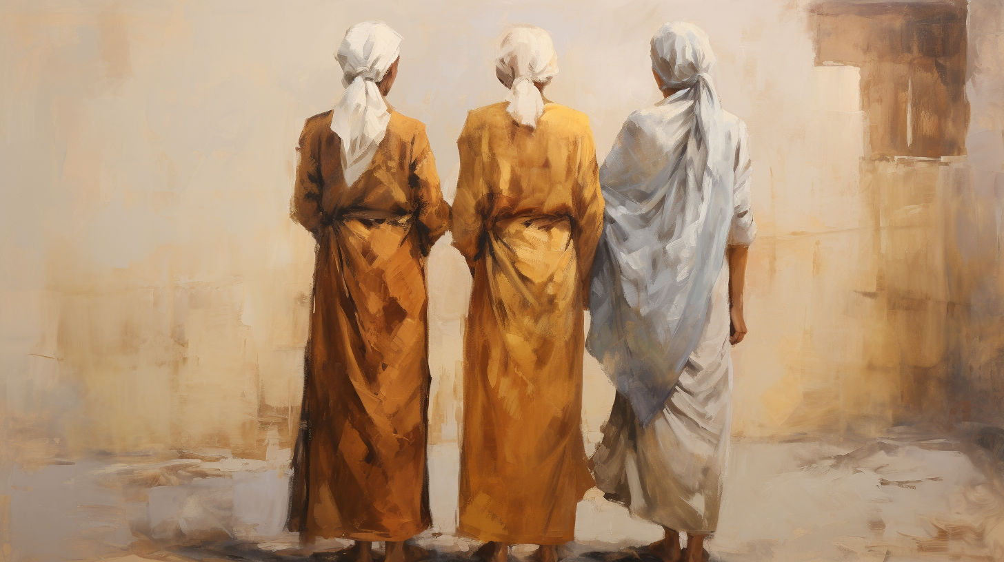 Three mature women standing in dramatic lighting