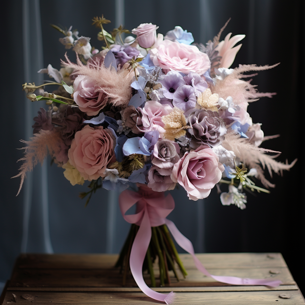 Mauve wedding bouquet with light blue delphinium