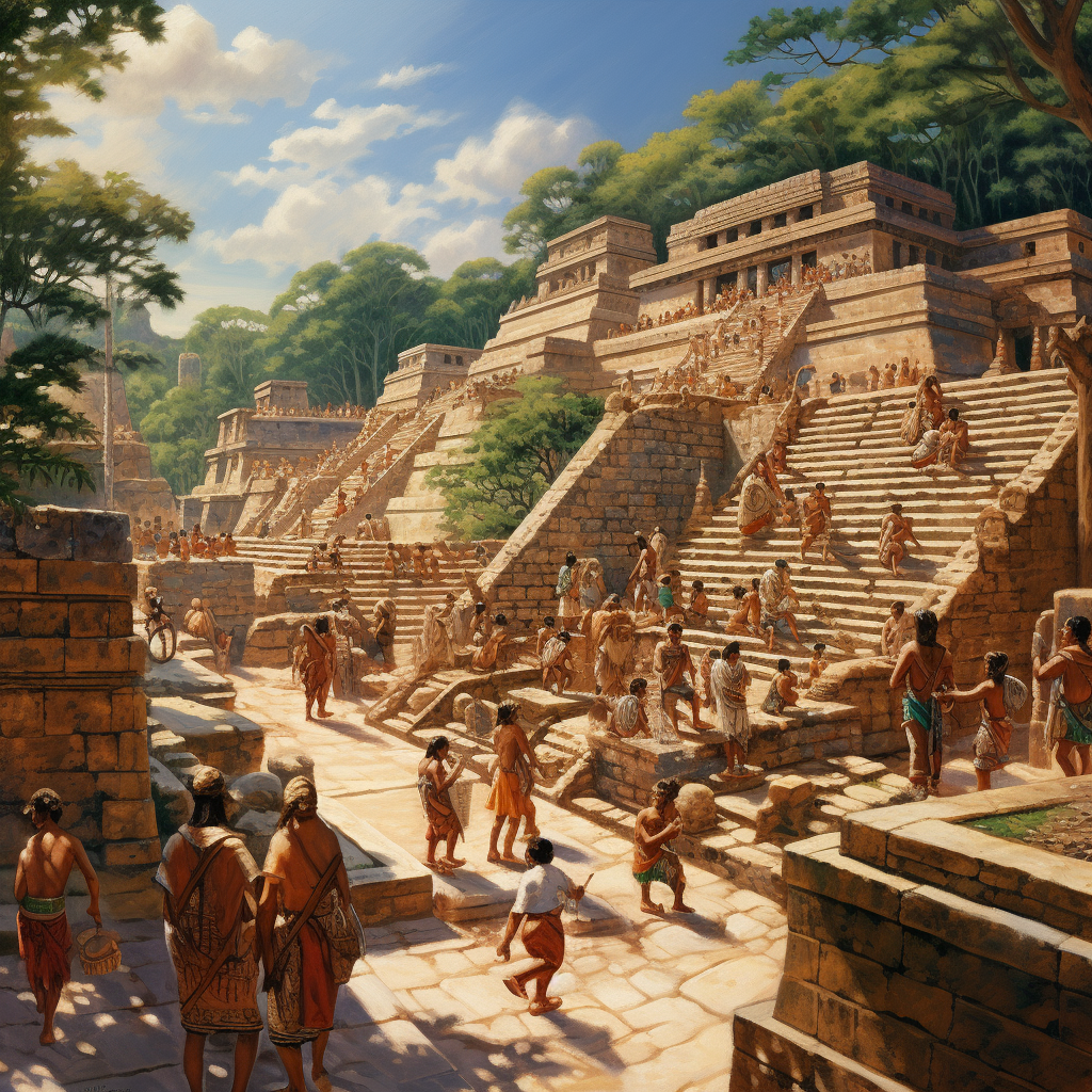 Mayan Indians observing Mayan temple steps