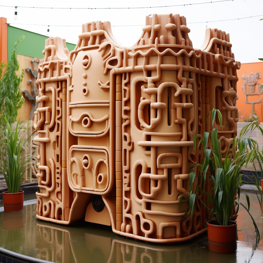 Mayan-inspired rainwater container fence