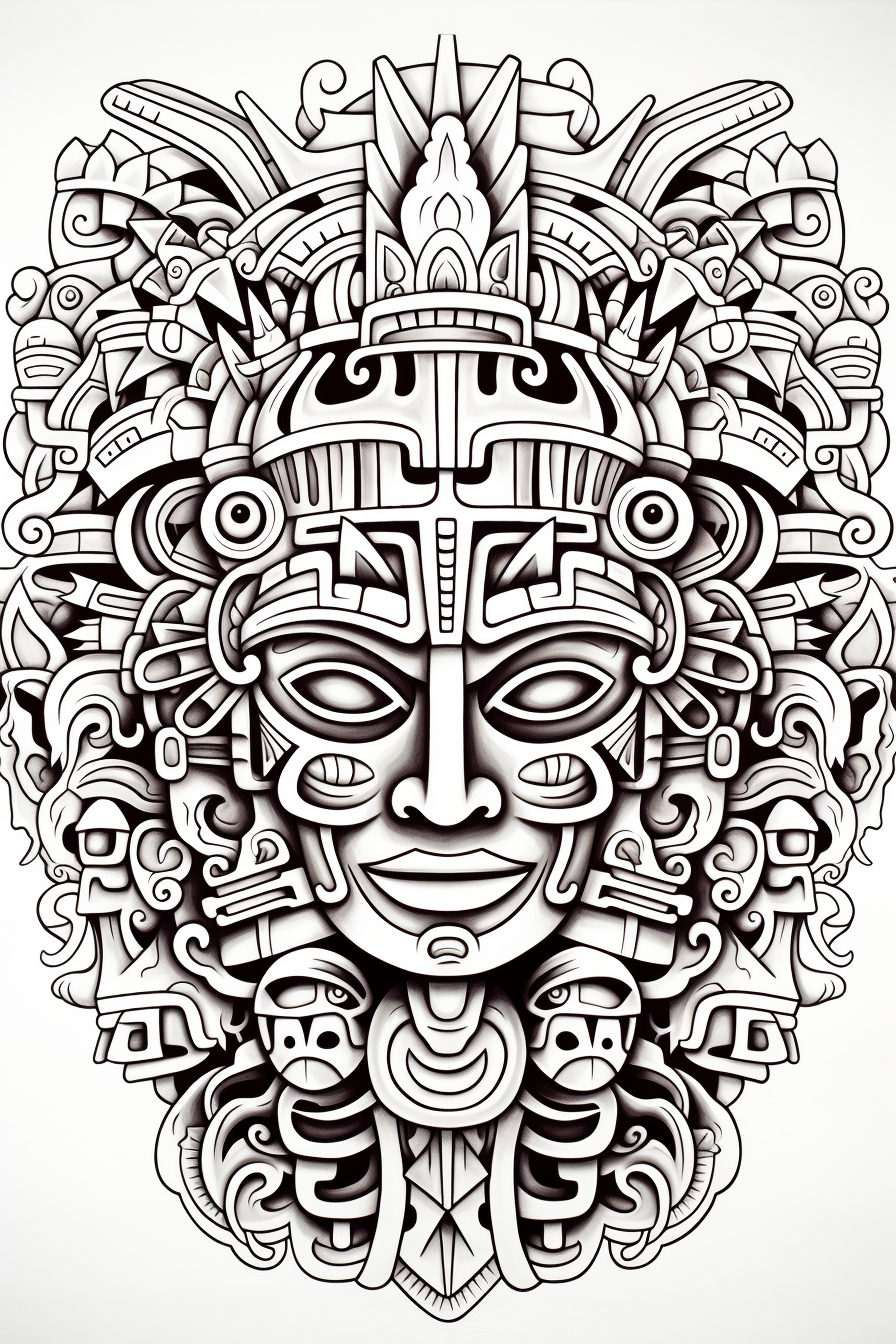 Woodcut of Mayan shamans with feathered serpent