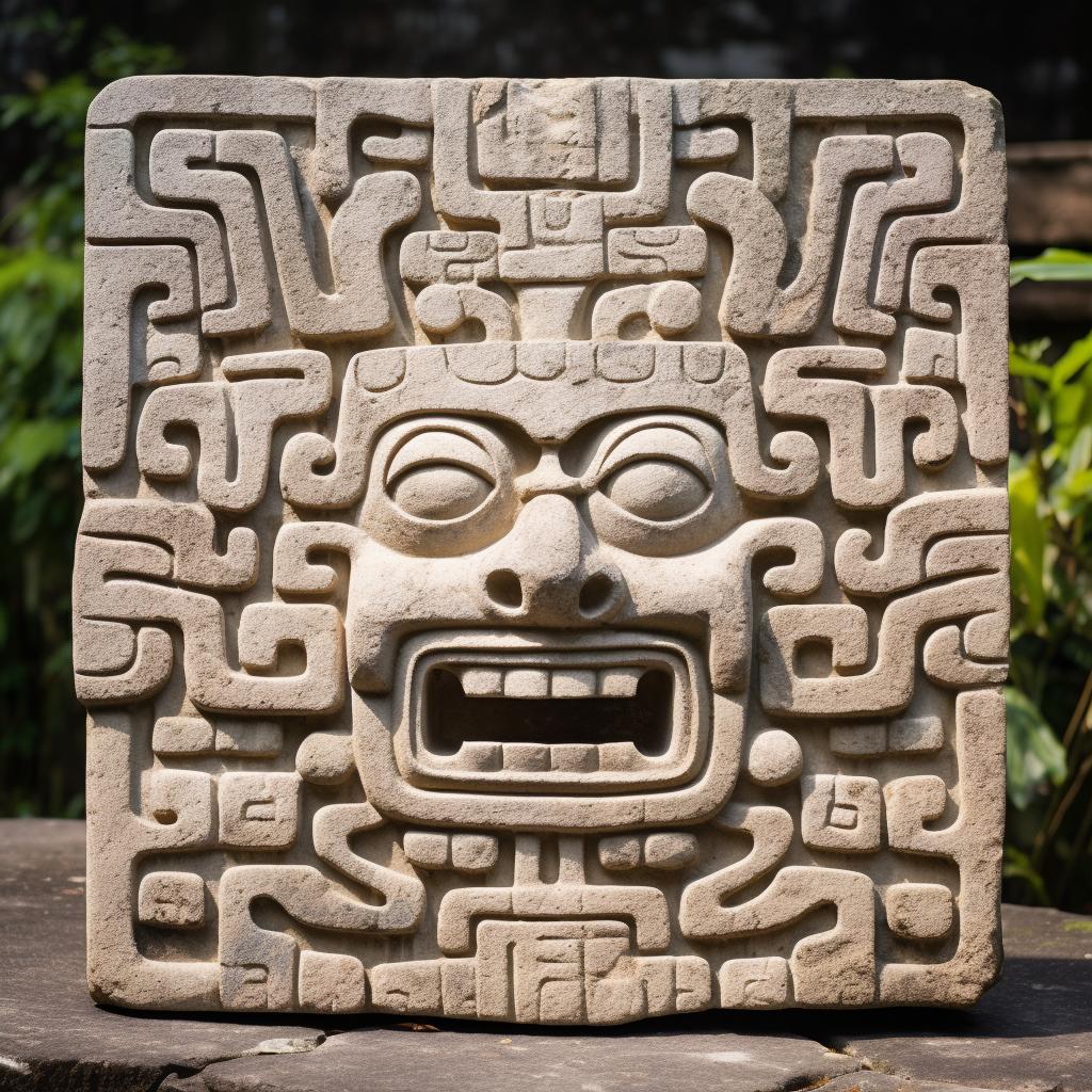 Snake face carving with intricate geometric patterns