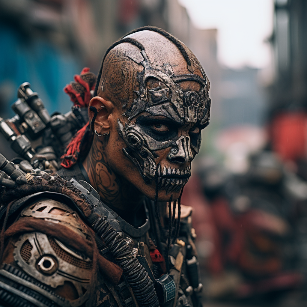 Tribal tattoos adorn post-apocalyptic Mayan warrior