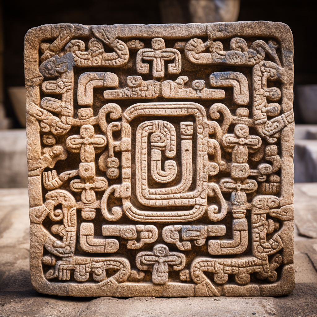 Mayan snake hieroglyph in stone with geometric patterns