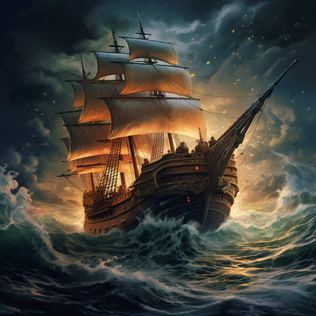 Illustration of Mayflower ship in storm