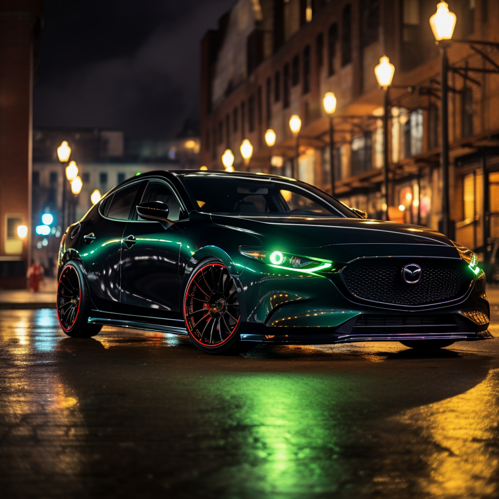 Satin Black Mazda 3 with Custom Body Kit and Green LED Accent Lights